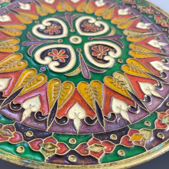 Vintage Ornate Enamel & Bronze Wall Ornament Plate, Smaltotex, Boho Chic Decor, - Picture 7 of 10